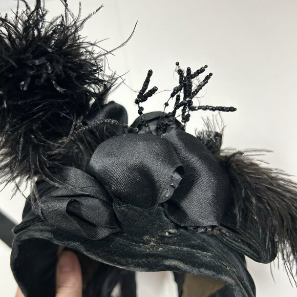 Antique Victorian Mourning Hat Bonnet Black Velvet Ribbons Feathers Beads Black main image 11